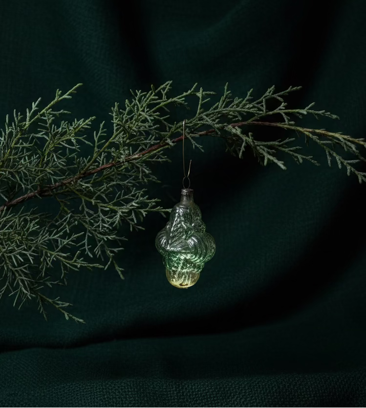Early Molded Glass Pinecone Ornament with Teal Wash and Internal Silvering, c. 1940–1955