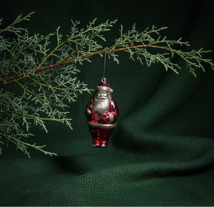 Mid-Century Pressed Red Glass Santa Ornament with Silvered Detailing, c. 1955–1970