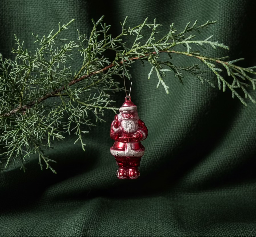Postwar Hand-Blown Red Glass Santa Ornament with Interior Silvering and Textured Trim, c. 1950–1960