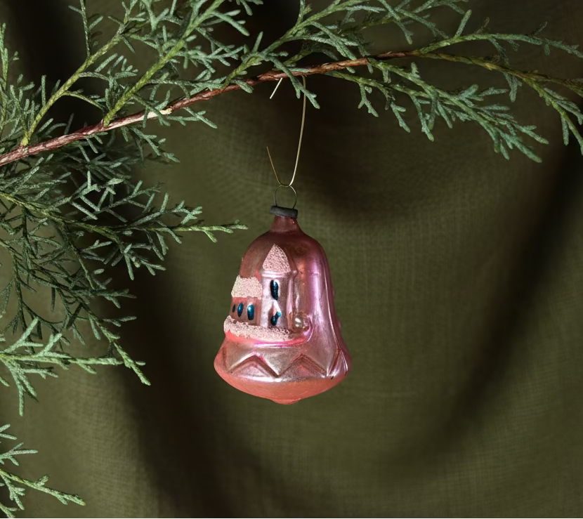 Mid-Century Hand-Blown Glass Church Ornament with Pink Luster Finish and Painted Windows, c. 1945–1960