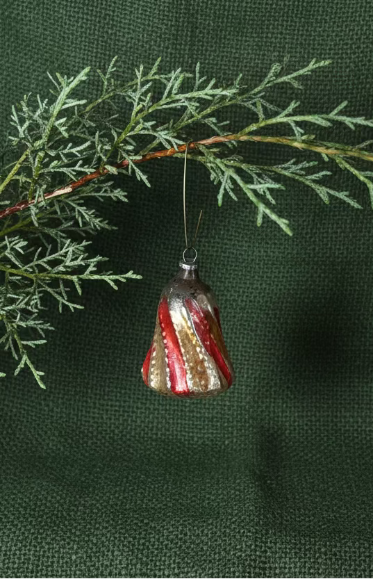 Hand-Blown Ribbed Bell Glass Ornament with Vertical Red and Gold Striping, c. 1935–1955