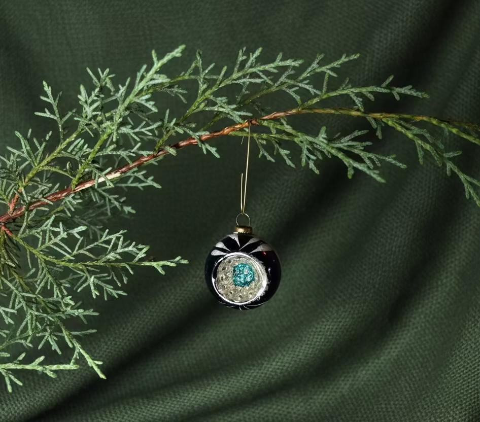 Hand-Blown Purple Glass Ornament with Applied Silver Medallion and Turquoise Rosette, c. 1935–1955