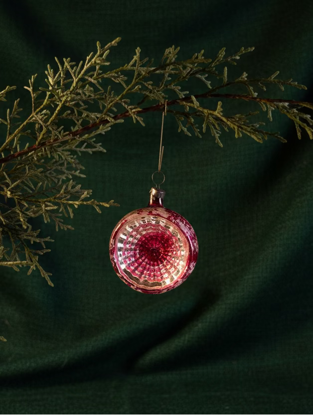 Mid-Century Hand-Blown Reflector Glass Ornament with Ruby Red Lens, c. 1940–1960