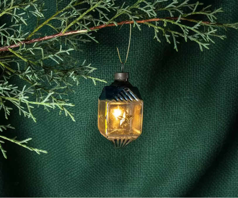 Mid-Century Faceted Lantern Glass Ornament with Embossed Star Panels, c. 1940–1960