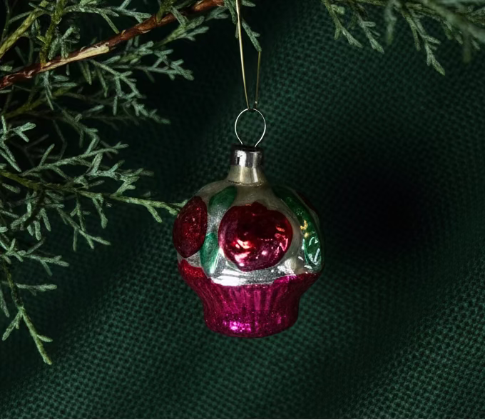 Mid-Century Hand-Blown “Cupcake” Glass Ornament with Applied Jewel Cabochons, c. 1945–1965
