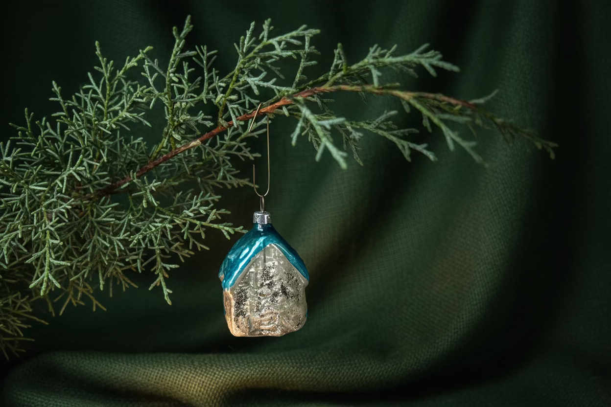 Mid-Century Hand-Blown Glass House Ornament with Blue Roof and Mercury Silvering, c. 1940–1960