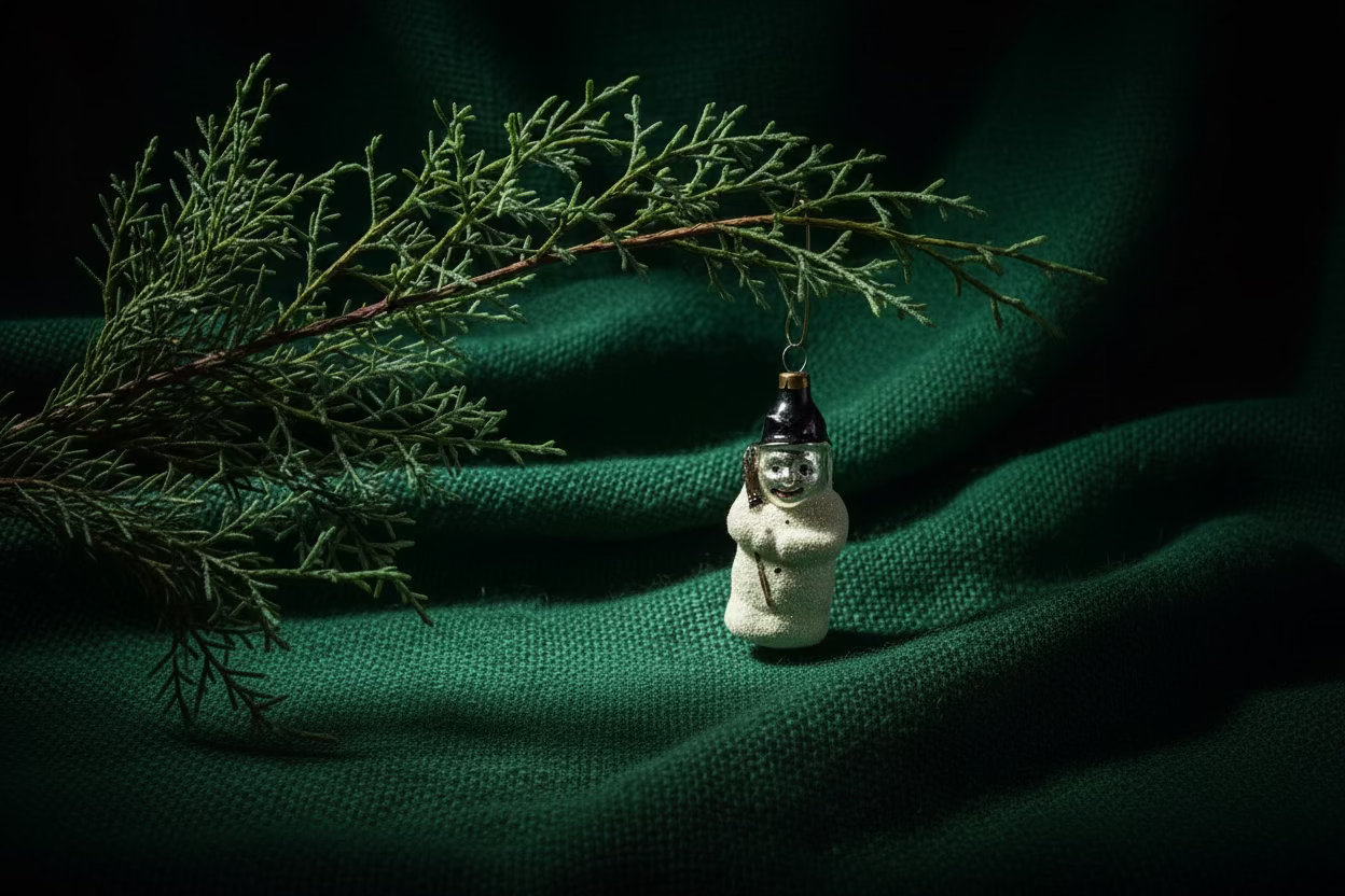 Mid-Century Flocked Snowman Ornament with Black Hat, Hand-Blown Glass, c. 1940–1955