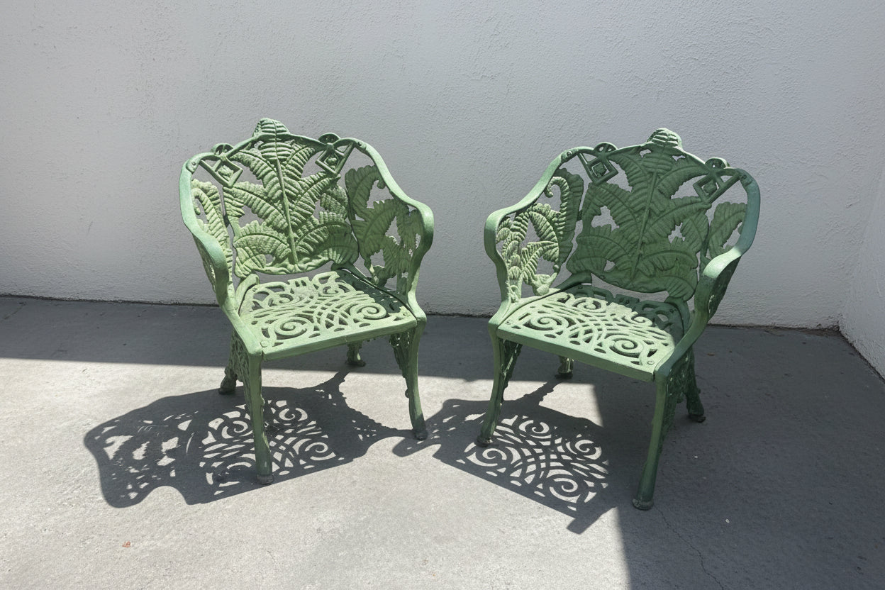 Antique Cast Iron Fern Motif Garden Chairs with Verdigris Patina – Set of 2