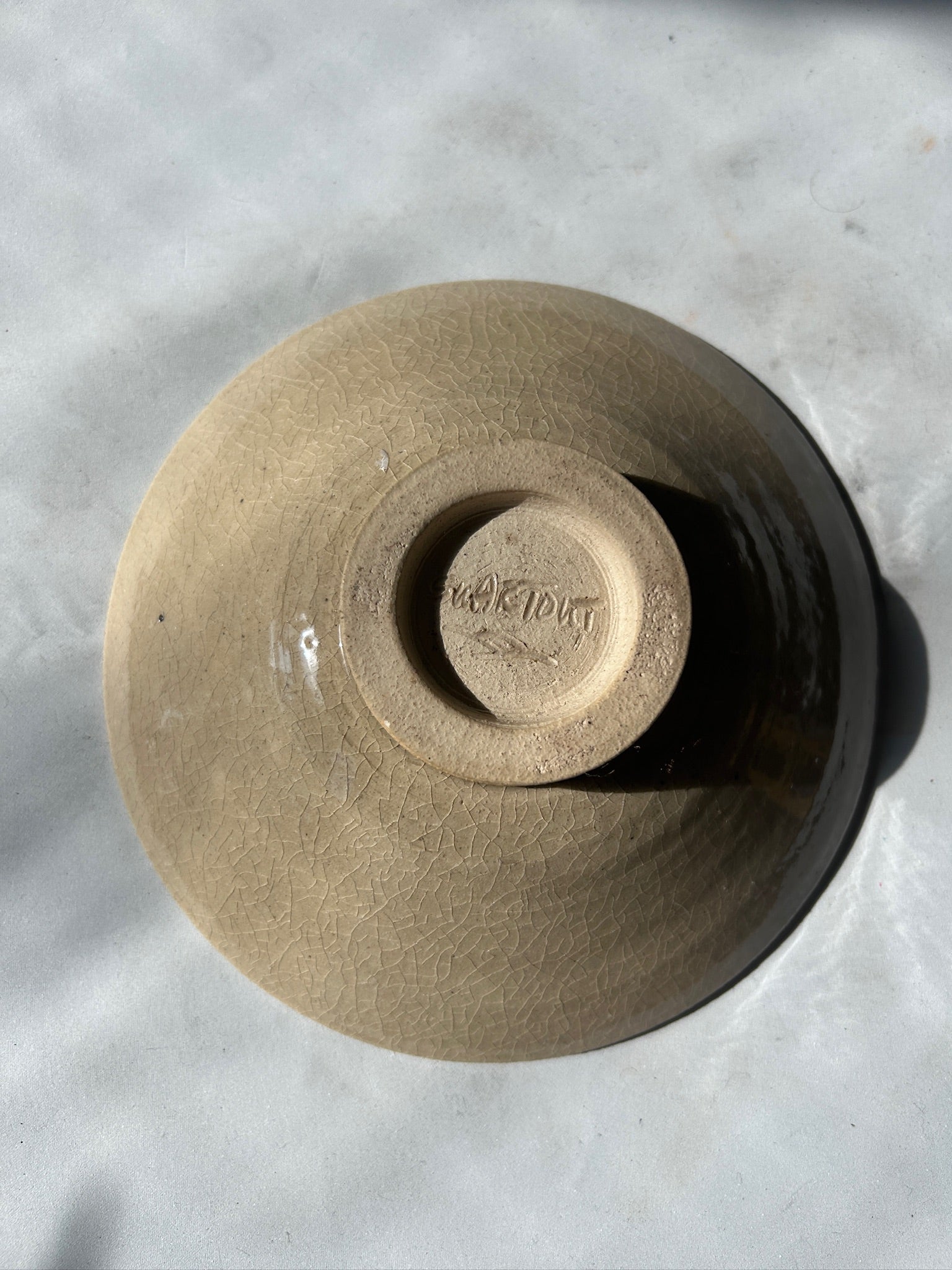 Signed Vintage Crackle Glaze Pottery Dinner Plate with Abstract Brown Brushwork