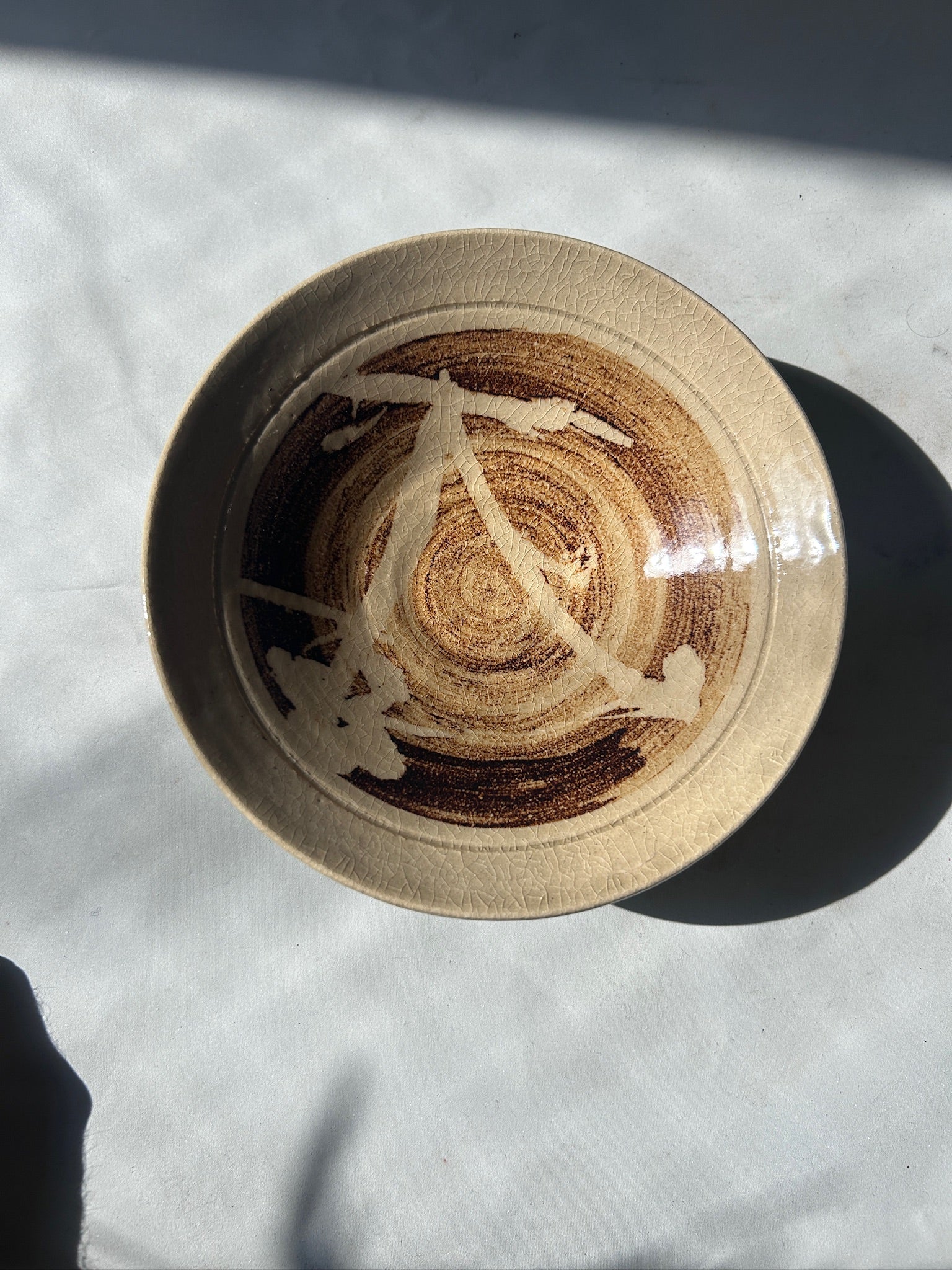 Signed Vintage Crackle Glaze Pottery Dinner Plate with Abstract Brown Brushwork