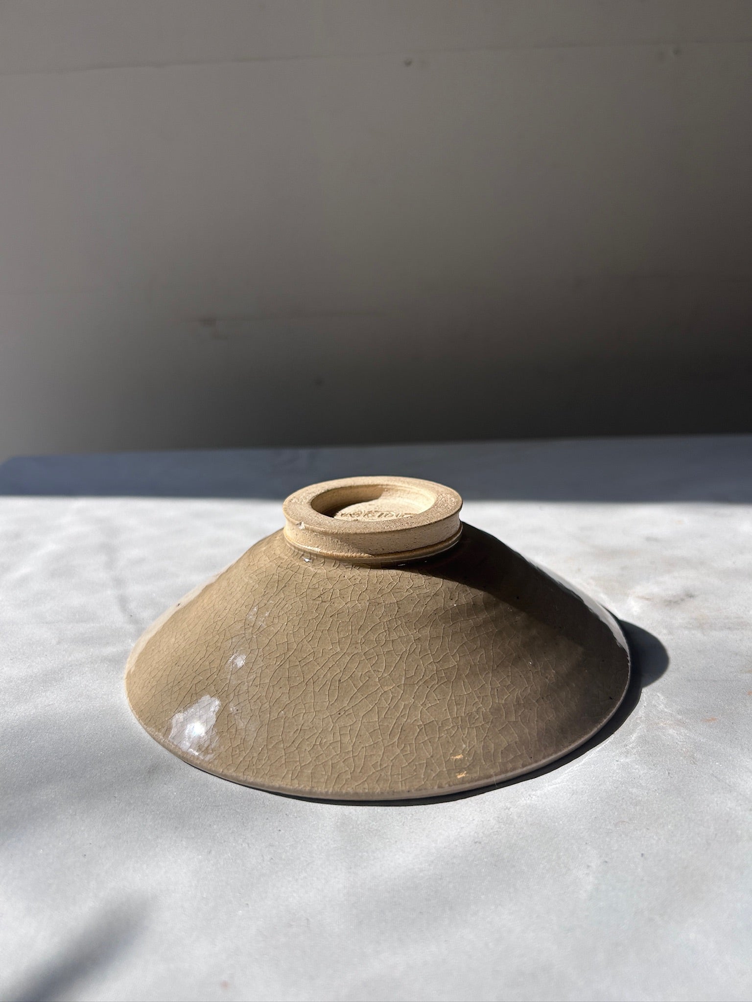 Signed Vintage Crackle Glaze Pottery Dinner Plate with Abstract Brown Brushwork