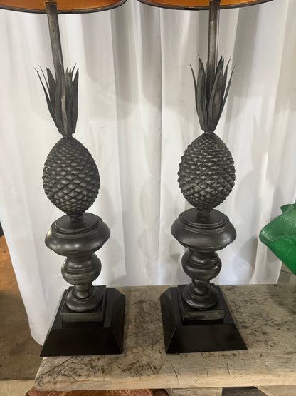 Pair of Vintage Metal Pineapple Table Lamps – Ornate Neoclassical Style