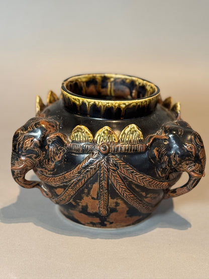 Antique Elephant Motif Ceramic Vessel with Gilded Accents
