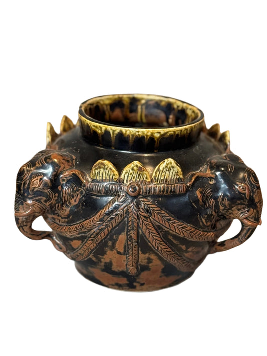 Antique Elephant Motif Ceramic Vessel with Gilded Accents