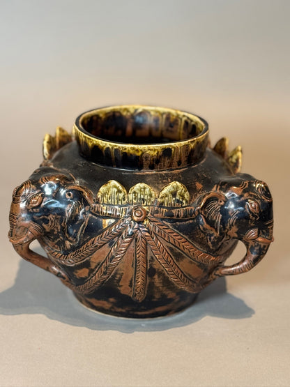 Antique Elephant Motif Ceramic Vessel with Gilded Accents