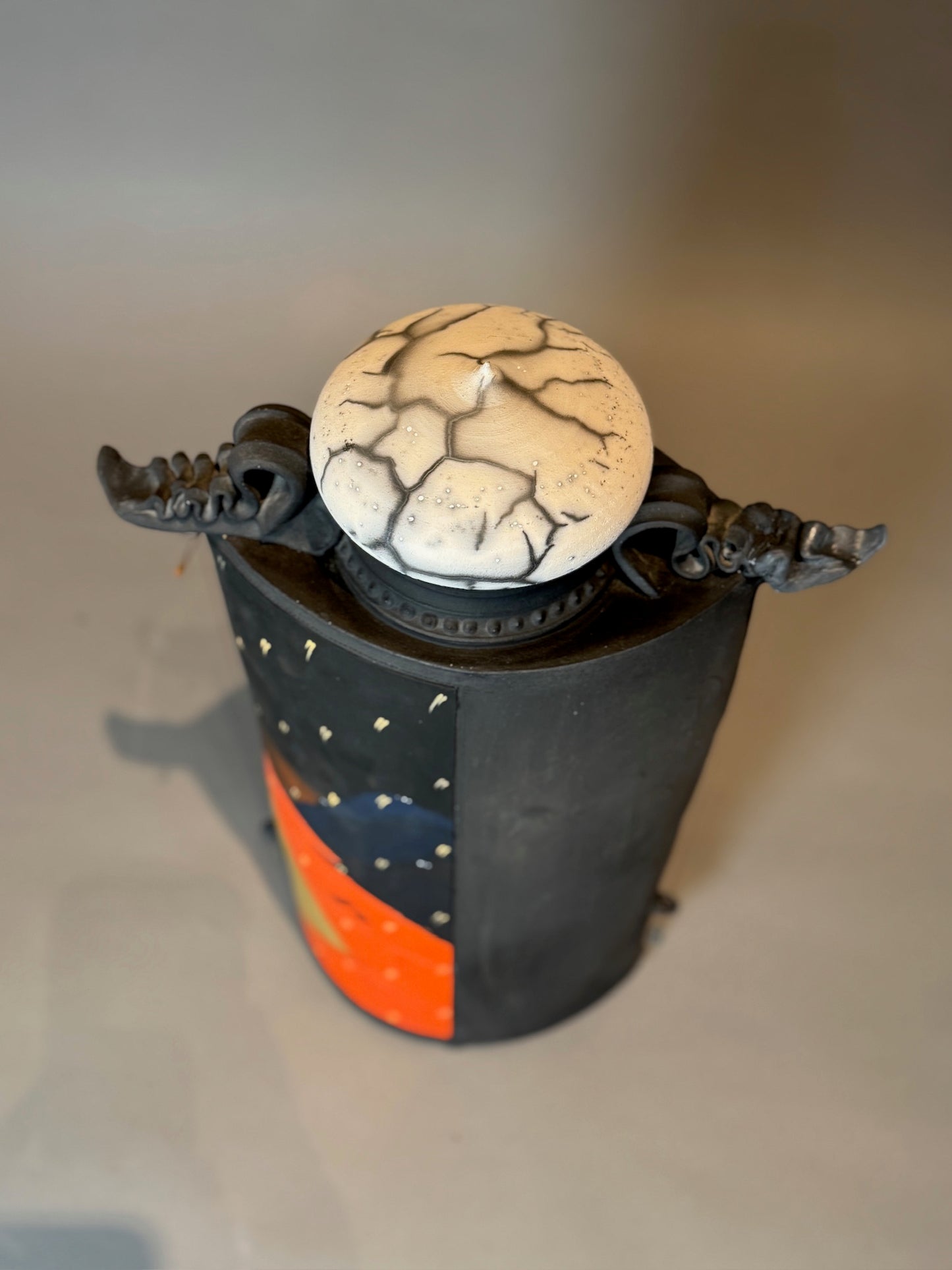 Striking Signed Hand-Painted Sculptural Ceramic Jar with Lid – Abstract & Contemporary Art Pottery