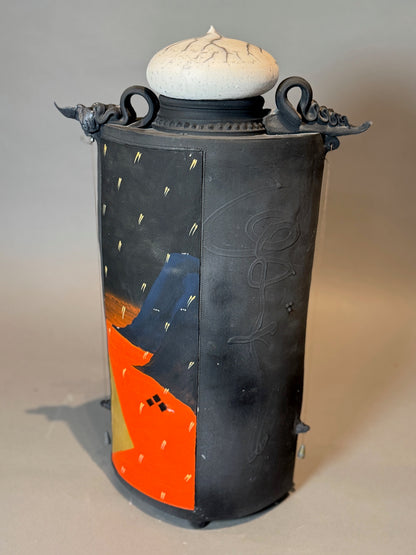 Striking Signed Hand-Painted Sculptural Ceramic Jar with Lid – Abstract & Contemporary Art Pottery