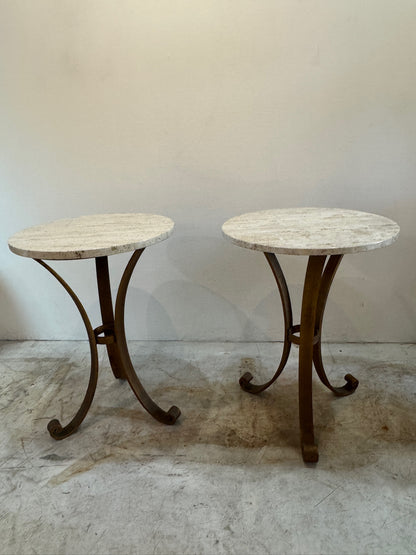 Pair of Italian iron side tables with marble tops (2 tables)