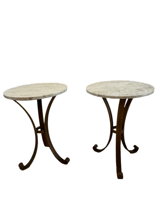 Pair of Italian iron side tables with marble tops (2 tables)