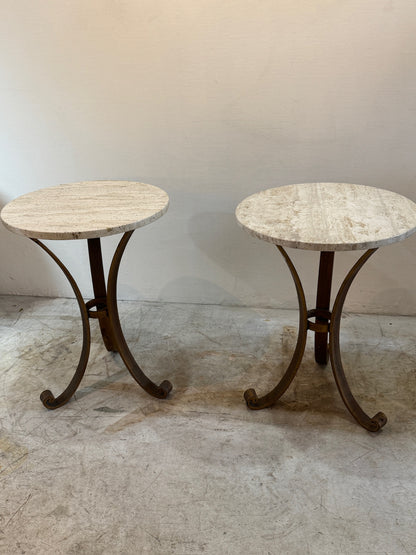 Pair of Italian iron side tables with marble tops (2 tables)
