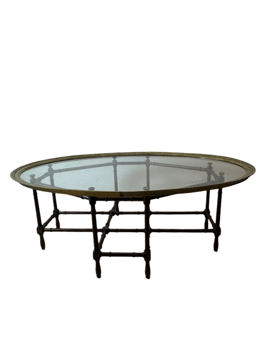Mid-Century Faux Bamboo Brass & Glass Coffee Table, Attributed to Baker