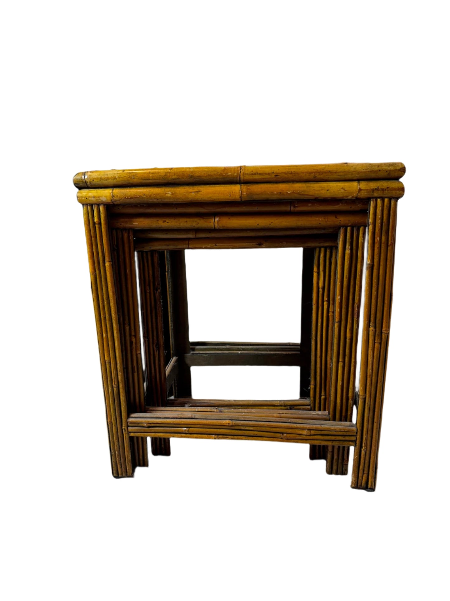 Vintage Bamboo & Rattan Nesting Tables – Set of Three, Mid-Century Tropical Boho