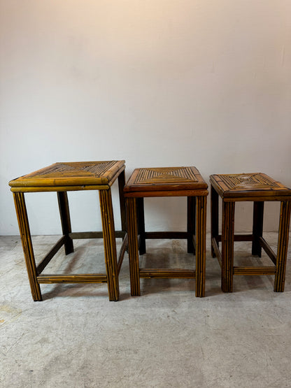 Vintage Bamboo & Rattan Nesting Tables – Set of Three, Mid-Century Tropical Boho