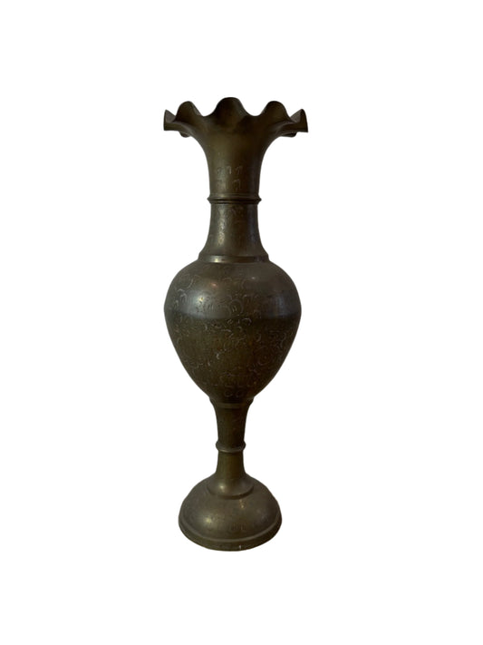 Vintage Engraved Brass Fluted Vase