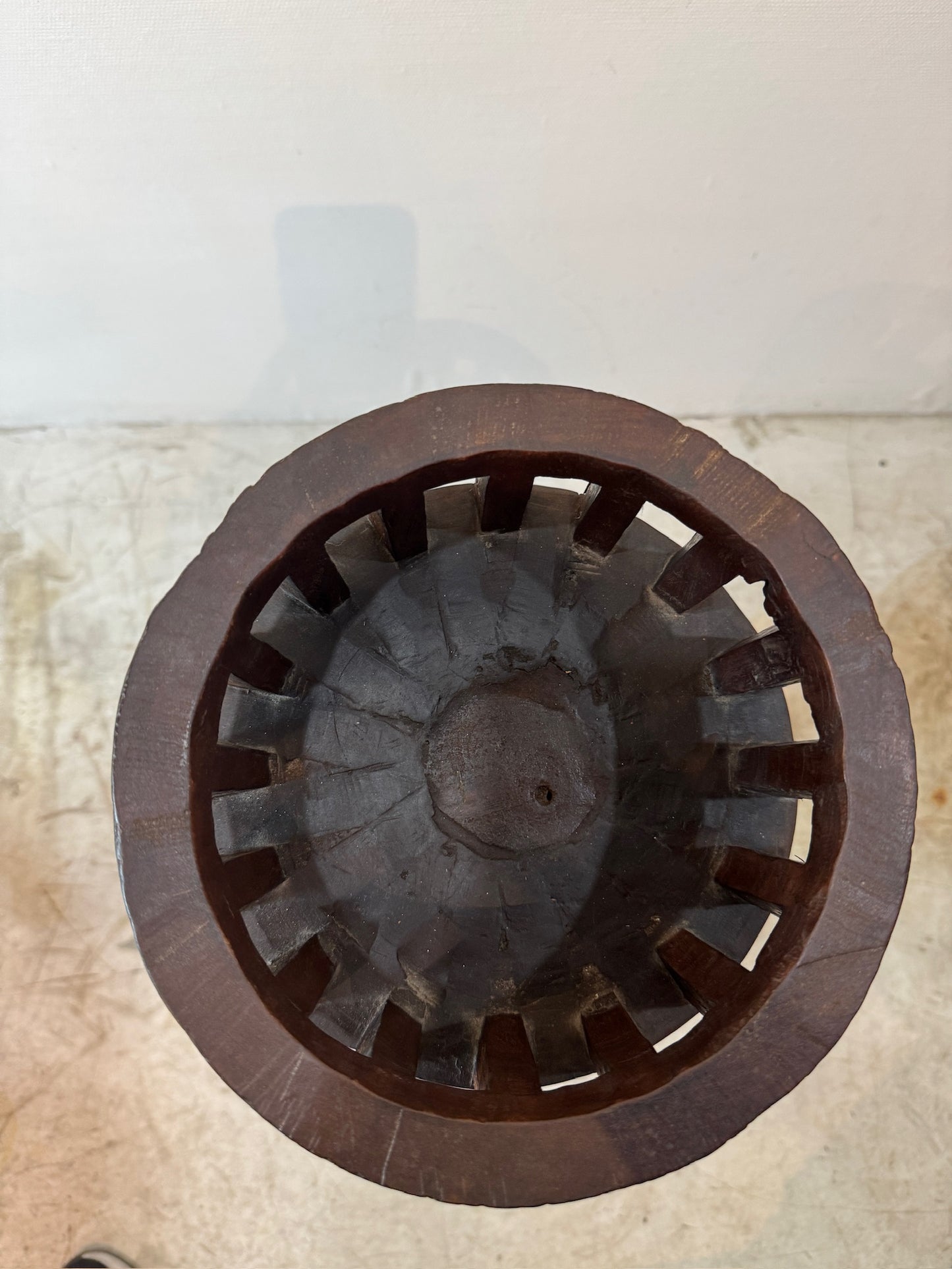 Antique Rustic Wooden Plant Stand with Wheel Axle Base
