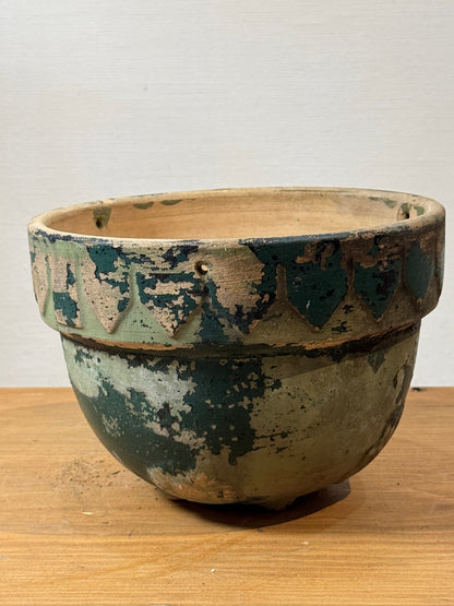Antique Handcrafted Green Patina Pottery Bowl with Decorative Motifs