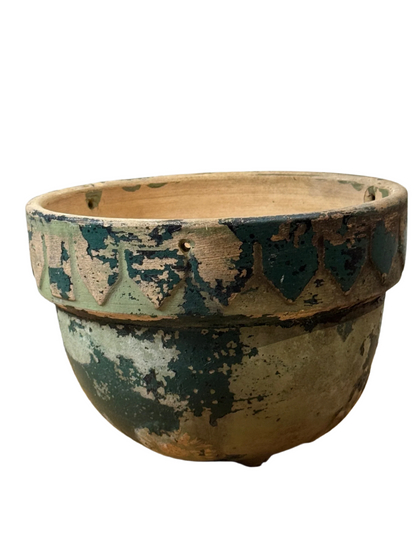 Antique Handcrafted Green Patina Pottery Bowl with Decorative Motifs