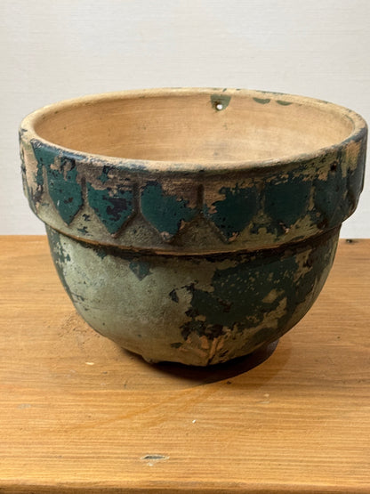Antique Handcrafted Green Patina Pottery Bowl with Decorative Motifs