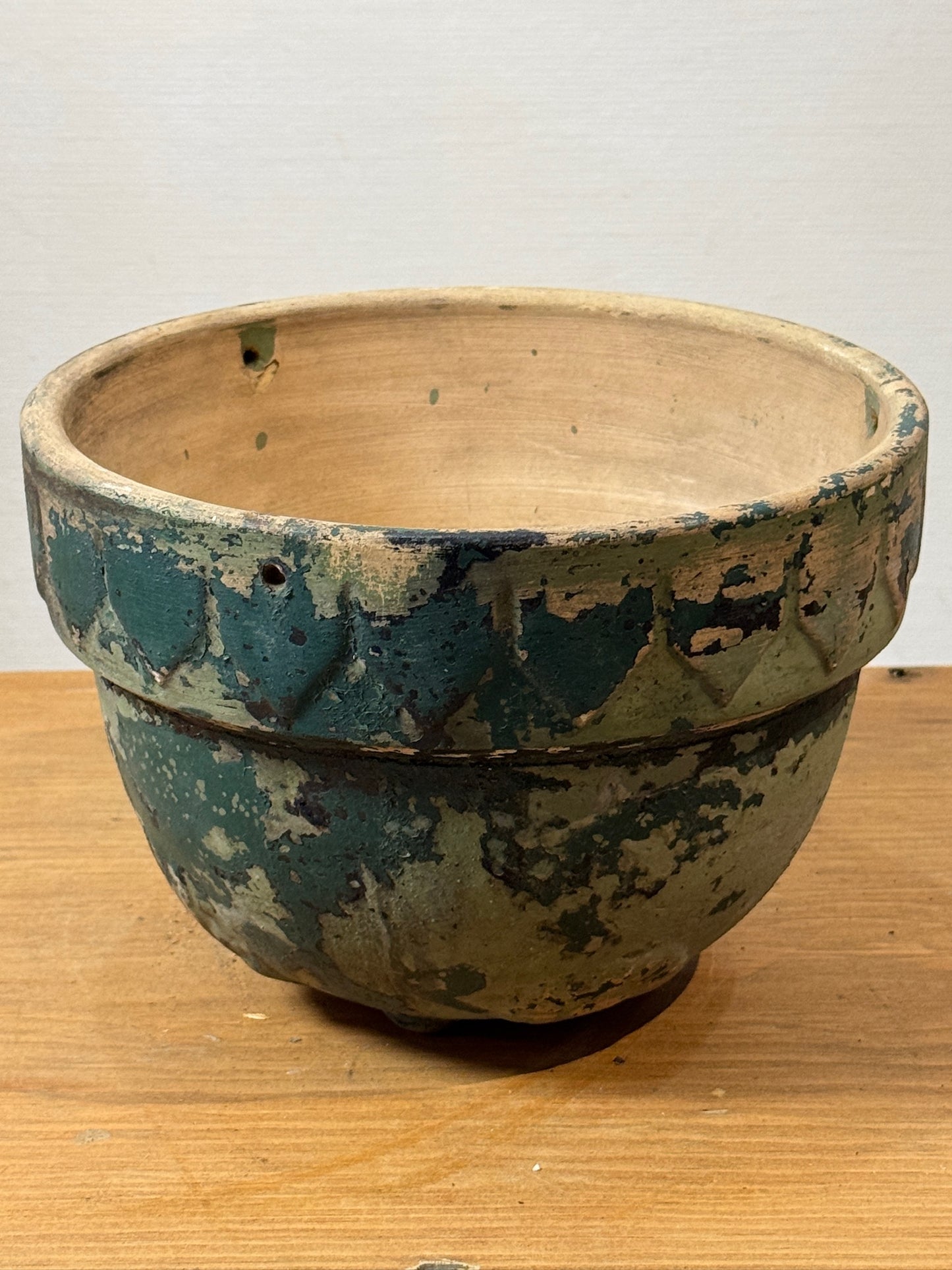 Antique Handcrafted Green Patina Pottery Bowl with Decorative Motifs