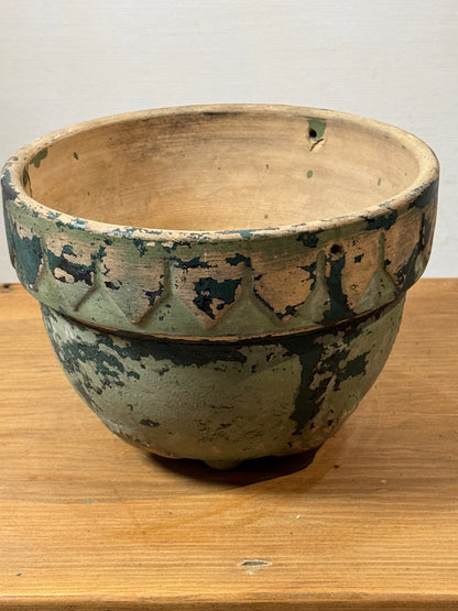 Antique Handcrafted Green Patina Pottery Bowl with Decorative Motifs