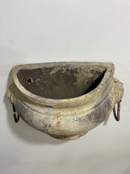 Pair of Aged Mediterranean-Style Wall Planters with Iron Ring Handles – Rustic Half-Moon Pottery Vessels