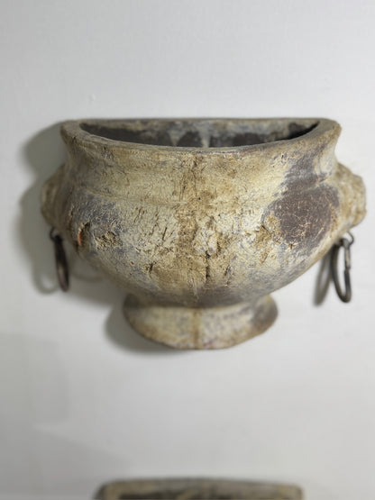 Pair of Aged Mediterranean-Style Wall Planters with Iron Ring Handles – Rustic Half-Moon Pottery Vessels