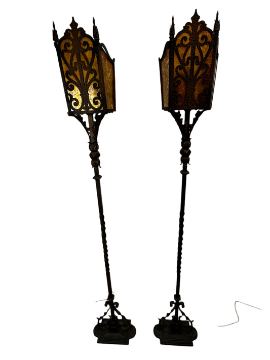 Pair of Vintage Iron Floor Lamps with Amber Mica Shades
