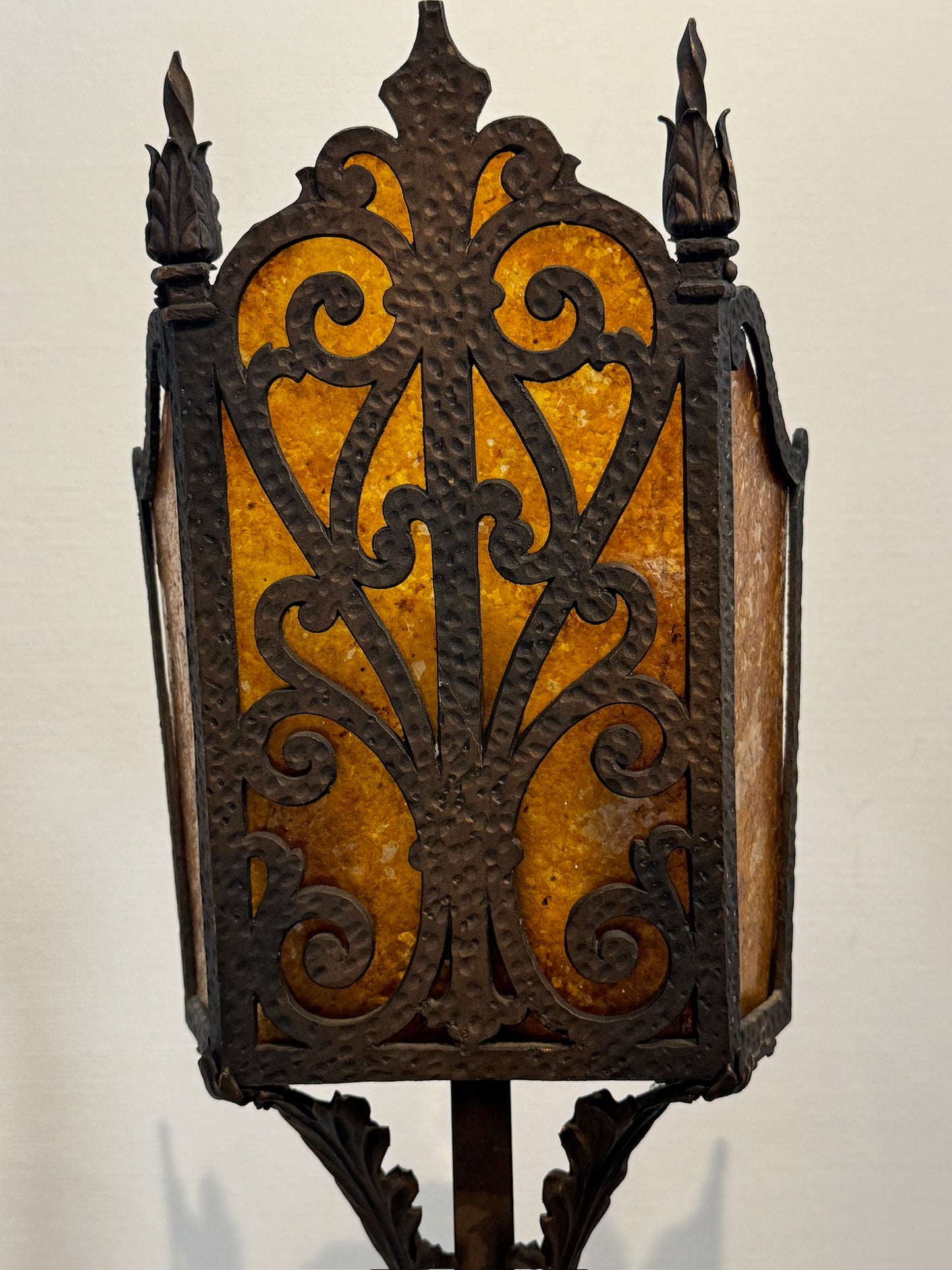 Pair of Vintage Iron Floor Lamps with Amber Mica Shades