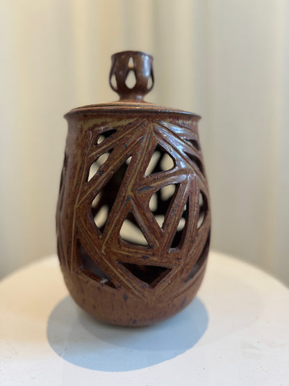 Vintage Ceramic Vase with Lid and Geometric Cutout Design