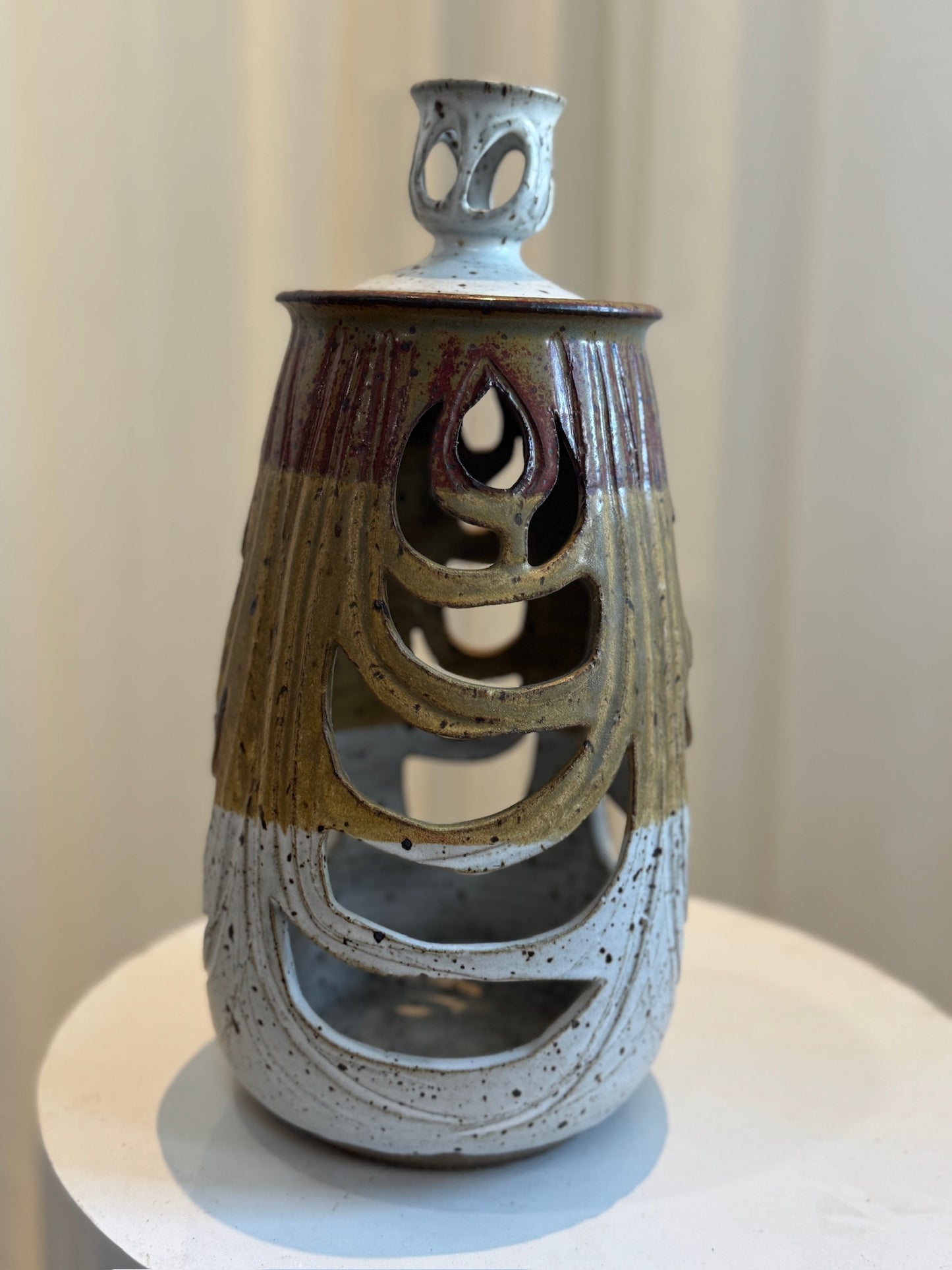 Sculptural Studio Pottery Vase with Lid and Organic Cutouts