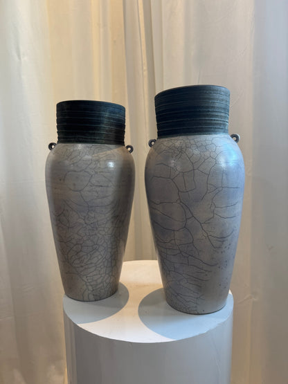 Handcrafted Raku Ceramic Vase with Crackled Glaze and Drainage Hole
