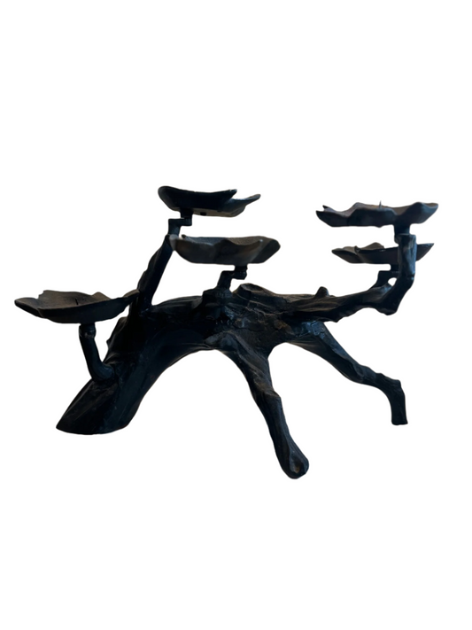 Brutalist Black Iron Candelabra with Wood Grain Pattern