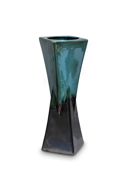 Mid-Century Turquoise and Charcoal Hourglass Glazed Ceramic Vase