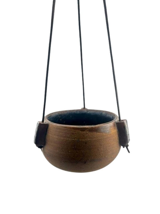 1972 Karroll Studio Pottery Hanging Planter – Rustic Ceramic with Leather