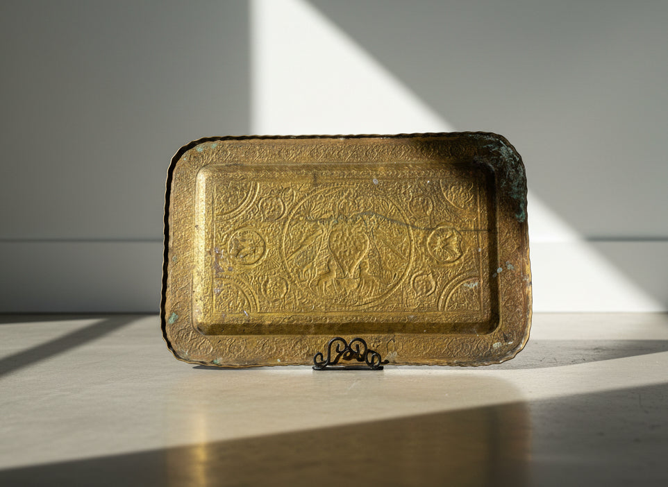 Large Antique Middle Eastern Brass Engraved Serving Tray with Ornate Foliate & Bird Motifs