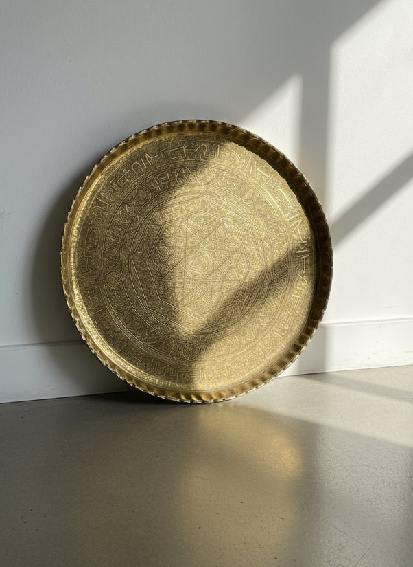 Large Antique Middle Eastern Brass Tray – Hand-Etched Islamic Geometric and Calligraphic Design, Wall or Table Display. hommes + gardens estudio