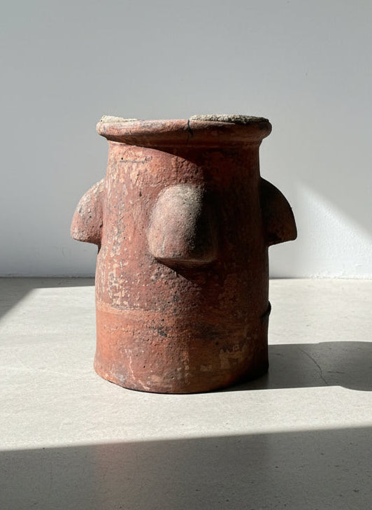 Large terracotta pot with a face on a stone patio
