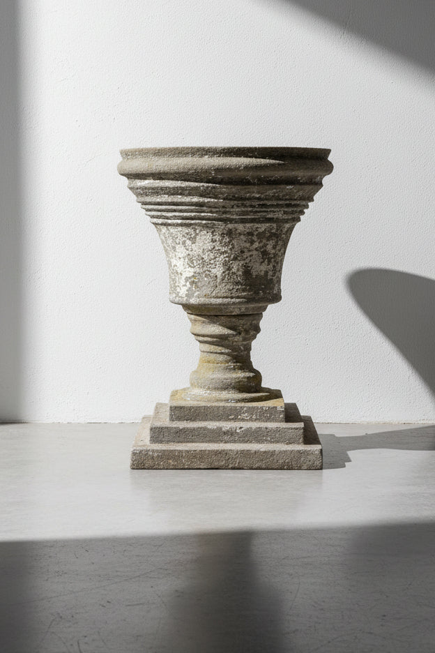 X-Large Classical Cast Concrete Garden Urn Planter on Pedestal Base, 34 Inches