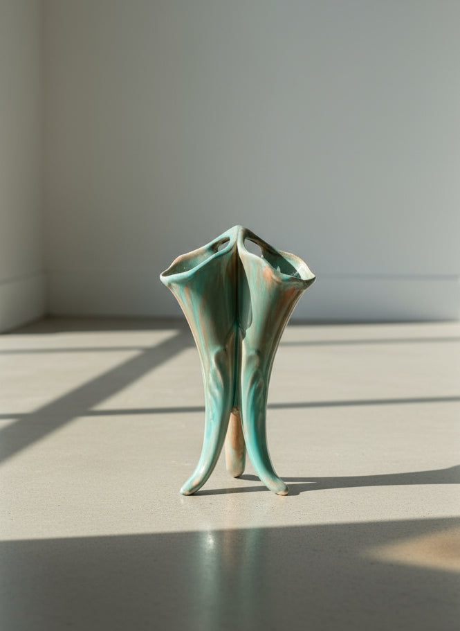 Large Mid-Century Modern Triple-Spout Ceramic Vase with Blue-Pink Drip Glaze