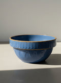 mid century blue earthenware bowl with geometric relief pattern